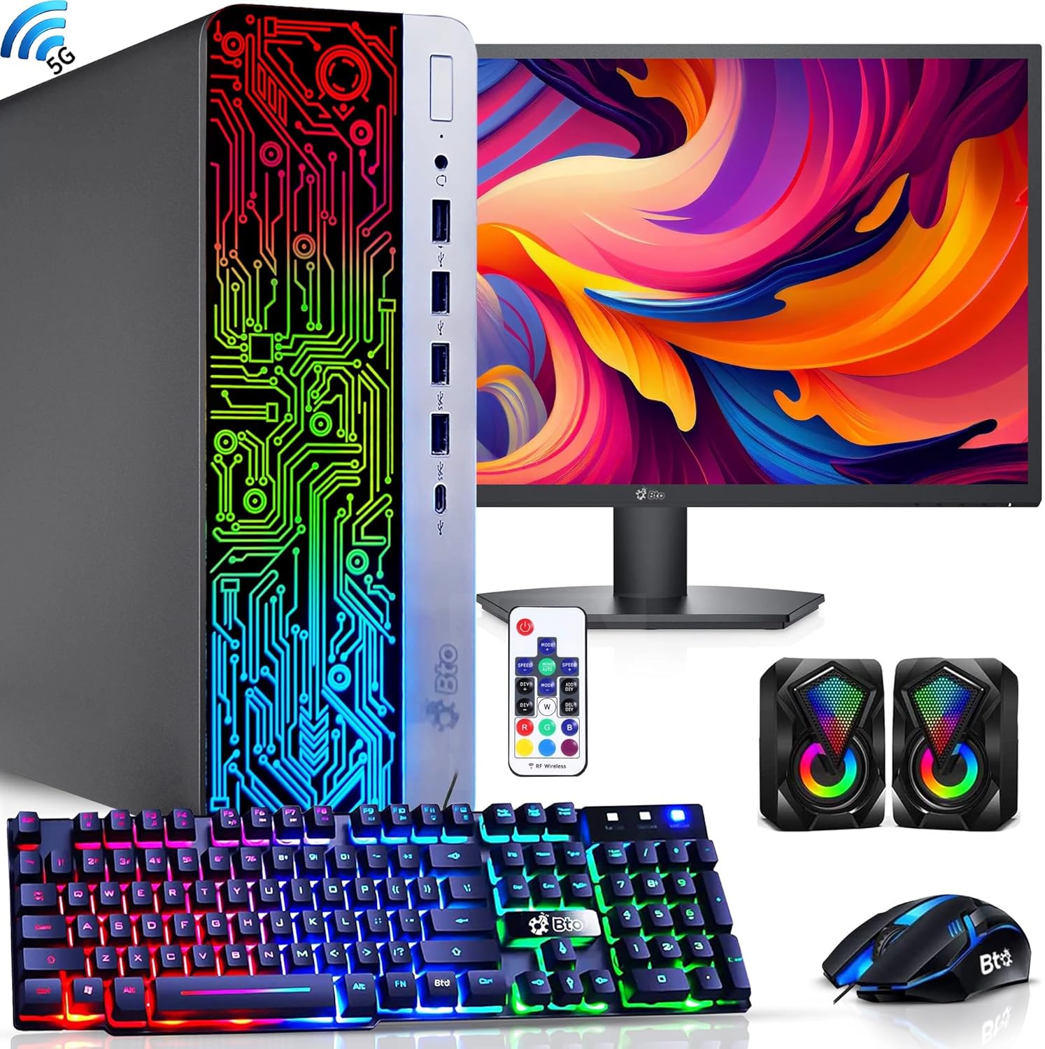 BTO Desktop Computer RGB PC, Intel Core i5, 16GB DDR4 Ram, New 256GB SSD + 1TB HDD, HDMI, RGB Keyboard and Mouse, Built-in WiFi, 22 Inch Monitor