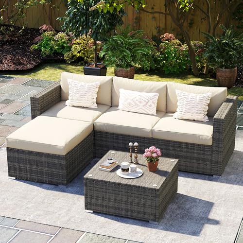 Wisteria Lane 5 Piece Outdoor Patio Furniture Set, All Weather Wicker Rattan Sectional Sofa Conversation Set with Cushions & Large Glass Coffee Table