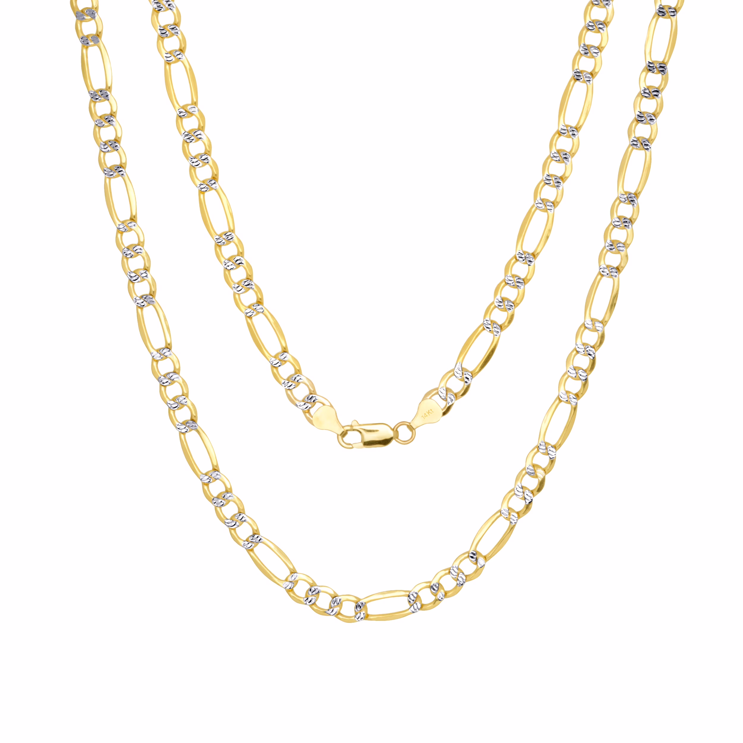 Nuragold 14k Yellow Gold Solid 7.5mm Figaro Chain Link Diamond Cut Pave Two Tone Necklace, Mens Jewelry 20" - 30"
