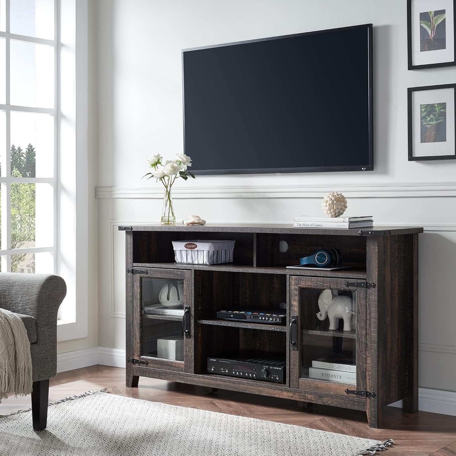 OKD Tall Rustic TV Stand Wood Farmhouse Entertainment Center Media TV Console Table for TVs Up to 65 Inch, with Glass Storage Cabinets & Open Shelves