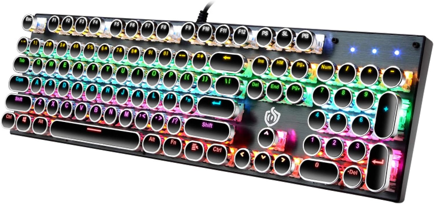 YSCP Typewriter Style Mechanical Gaming Keyboard, RGB LED Backlit Wired Keyboard with Blue Switch Retro Steampunk Round Keycap (104 Keys