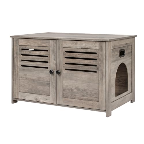 DINZI LVJ Litter Box Enclosure for 2 Cats, Hidden Litter Box Furniture with Double Rooms, Dual Cat Litter House with Louvered Front Doors