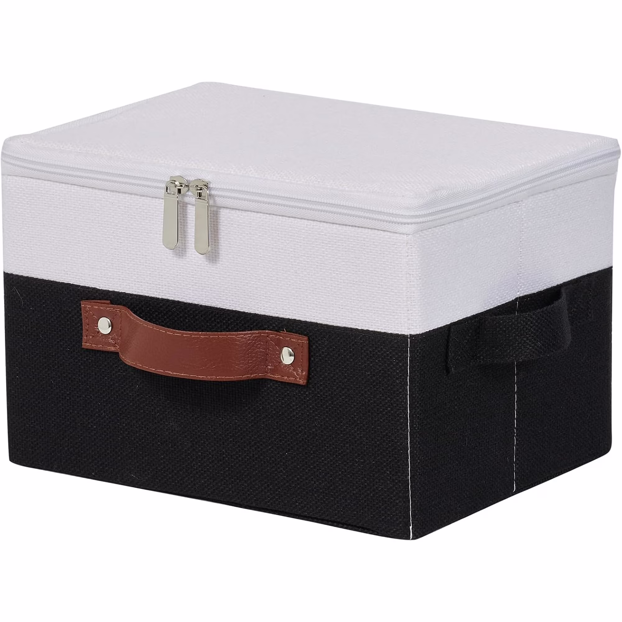 Storage Bins with Zipper Lid Cotton Linen Fabric Lidded Storage Baskets Boxes Foldable Washable Closet Shelf Clothes Organizer Container with PU
