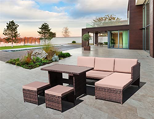 5 Pieces Patio All Weather Rattan Wicker Sectional Dining Sets with Poly Wood Table
