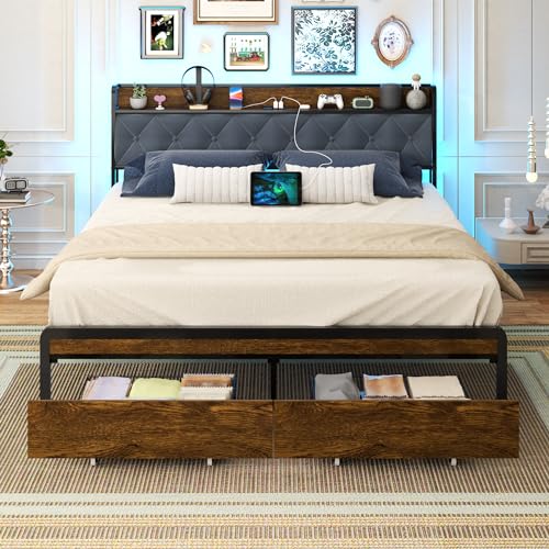 Full Size Metal Platform Bed Frame with 2 Storage Drawers & LED Light, Velvet Upholstered Shelf Headboard with Built-in Charging Ports