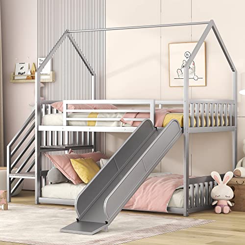 Twin Over Twin Bunk Bed with Slide, Metal Bunk Bed with Storage Staircase and House Roof, Twin Size Low Bunk Bed Frame for Kids Teens Boys Girls