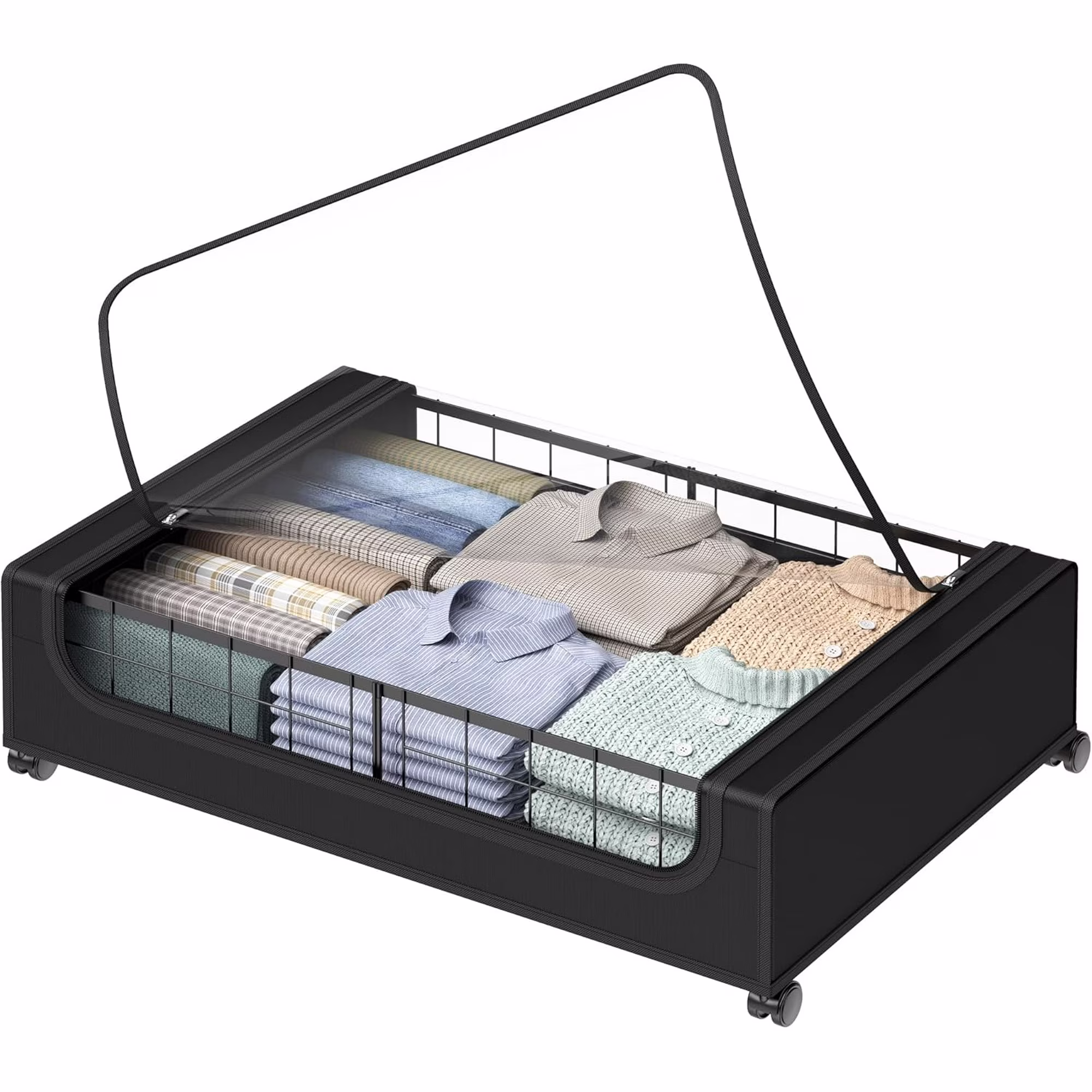Under Bed Storage with Wheels and Cover, 360? Rolling Under Bed Metal Drawers for Clothes, Blankets, Books and Shoes,Black