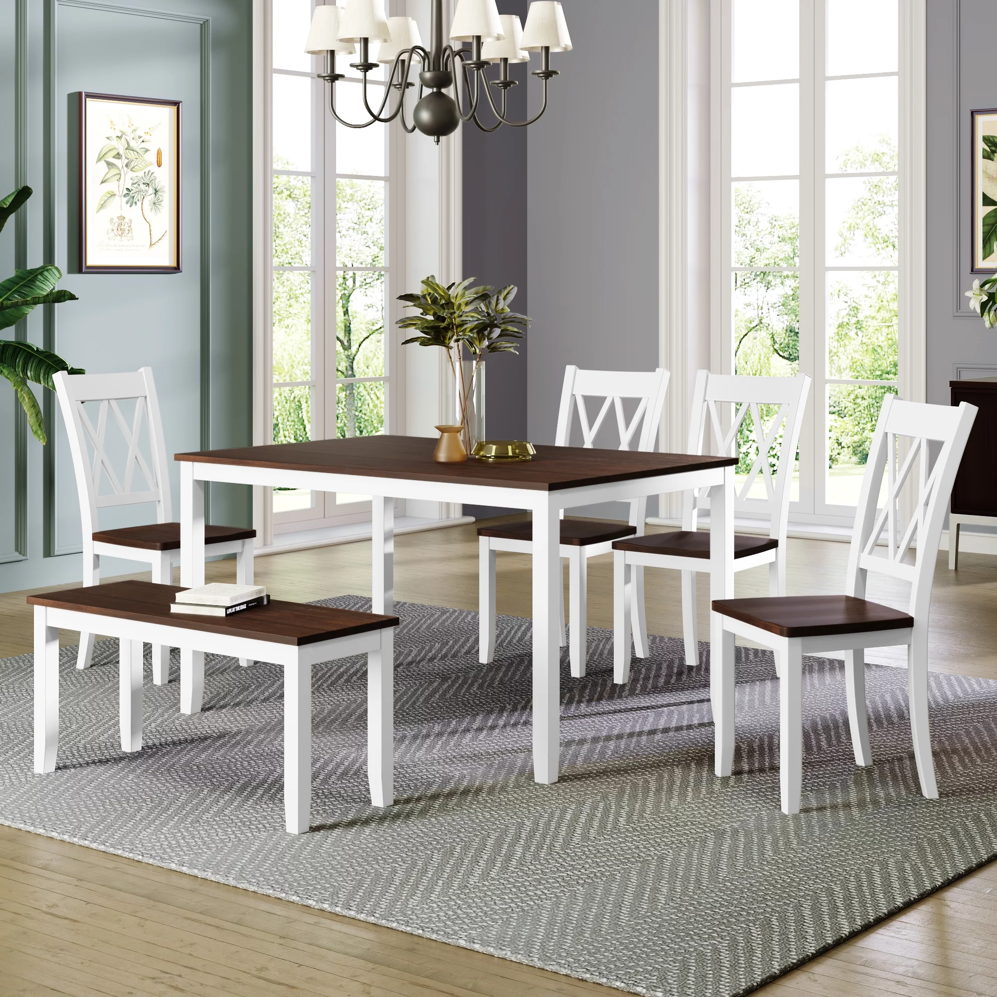 CoSoTower 6-Piece Wooden Kitchen Table Set, Farmhouse Rustic Dining Table Set with Cross Back 4 Chairs and Bench, White+Cherry