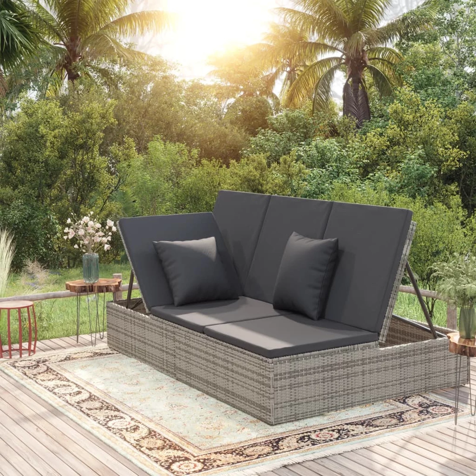 Htovila Convertible Sun Bed with Cushions Poly Rattan Dark Gray