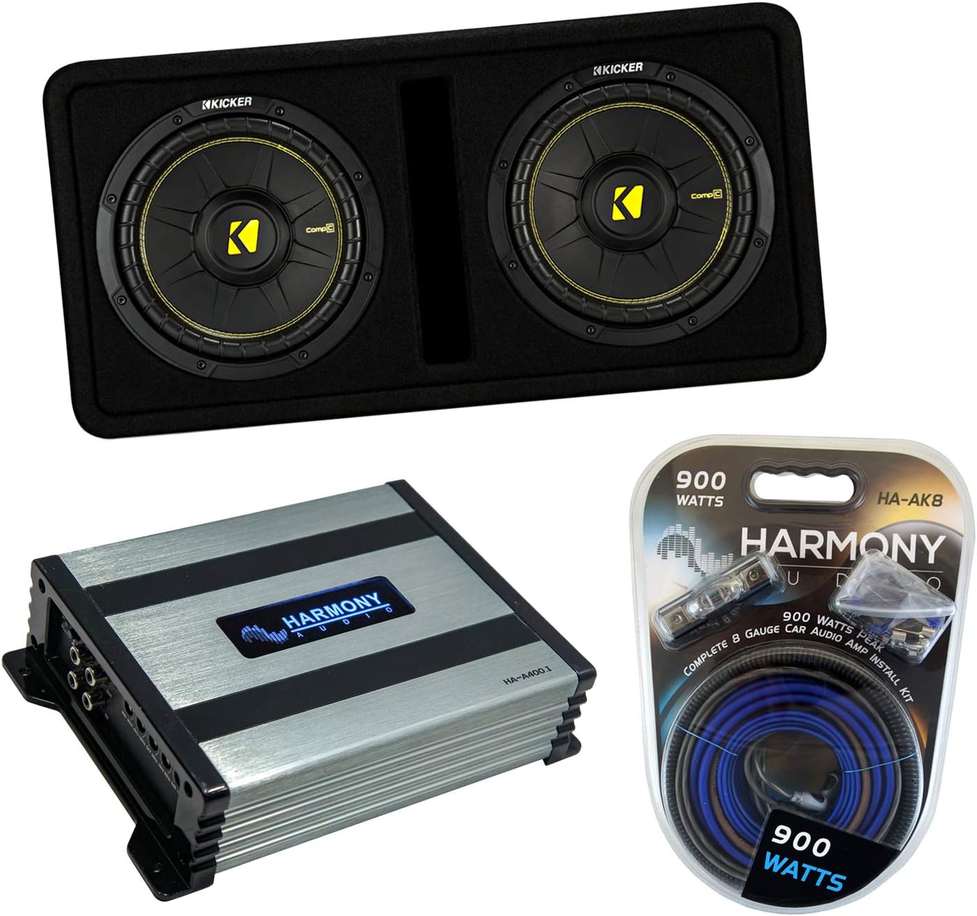Kicker Bundle Compatible with Universal Vehicles 44DCWC102 Dual 10" CompC Ported Dual Loaded Sub Box Enclosure with HA-A400.1 800 Watt Subwoofer