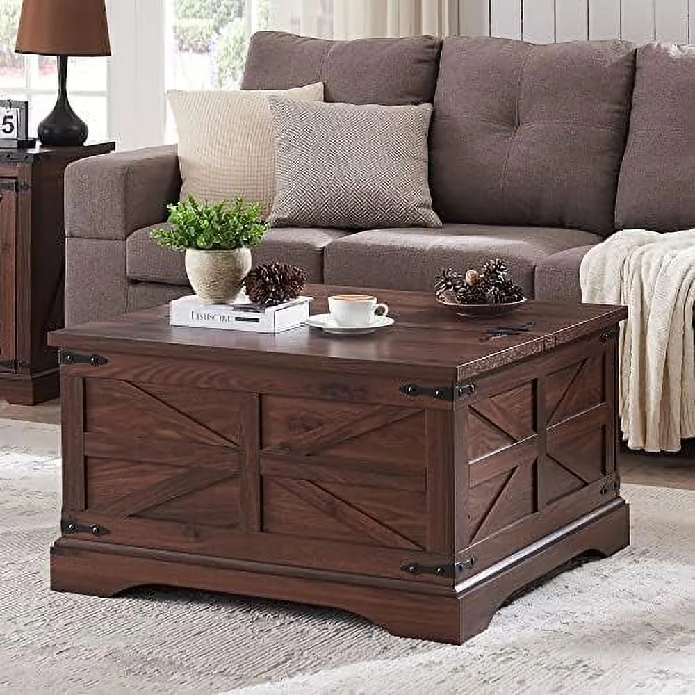 HJZBNONE Farmhouse Coffee Table  Square Wood Center Table with Large Hidden  Compartment for Living Room  Rustic Cocktail Table with Hinged Lift Top