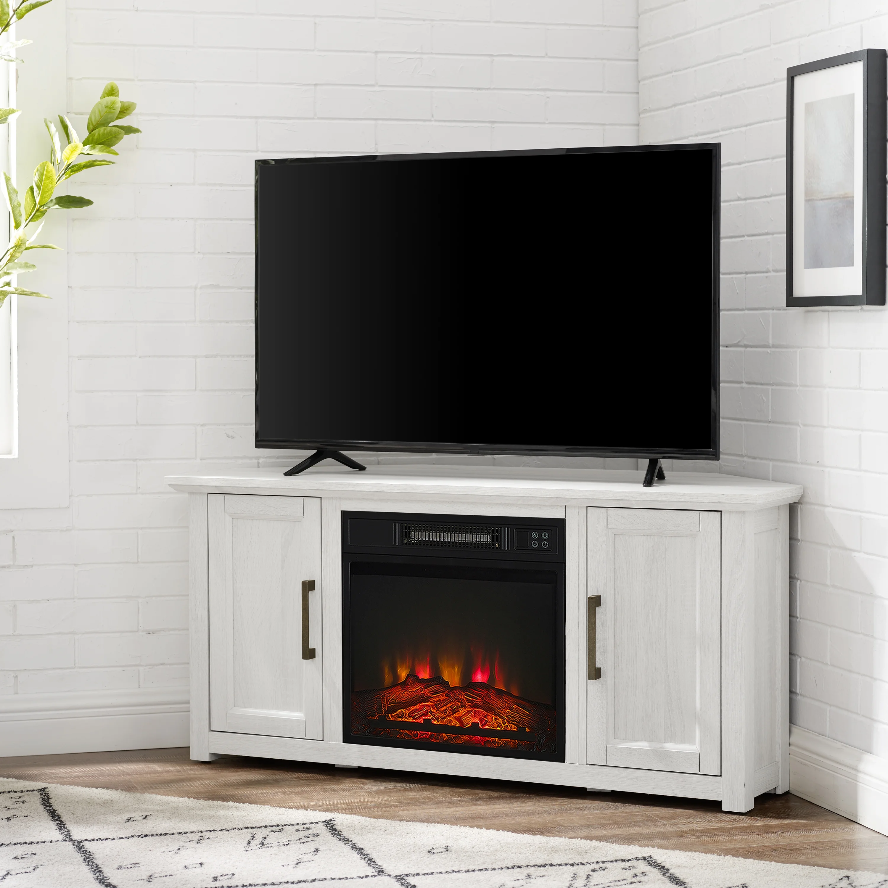Crosley Furniture Camden 48"Wood Corner TV Stand with Fireplace in Whitewash