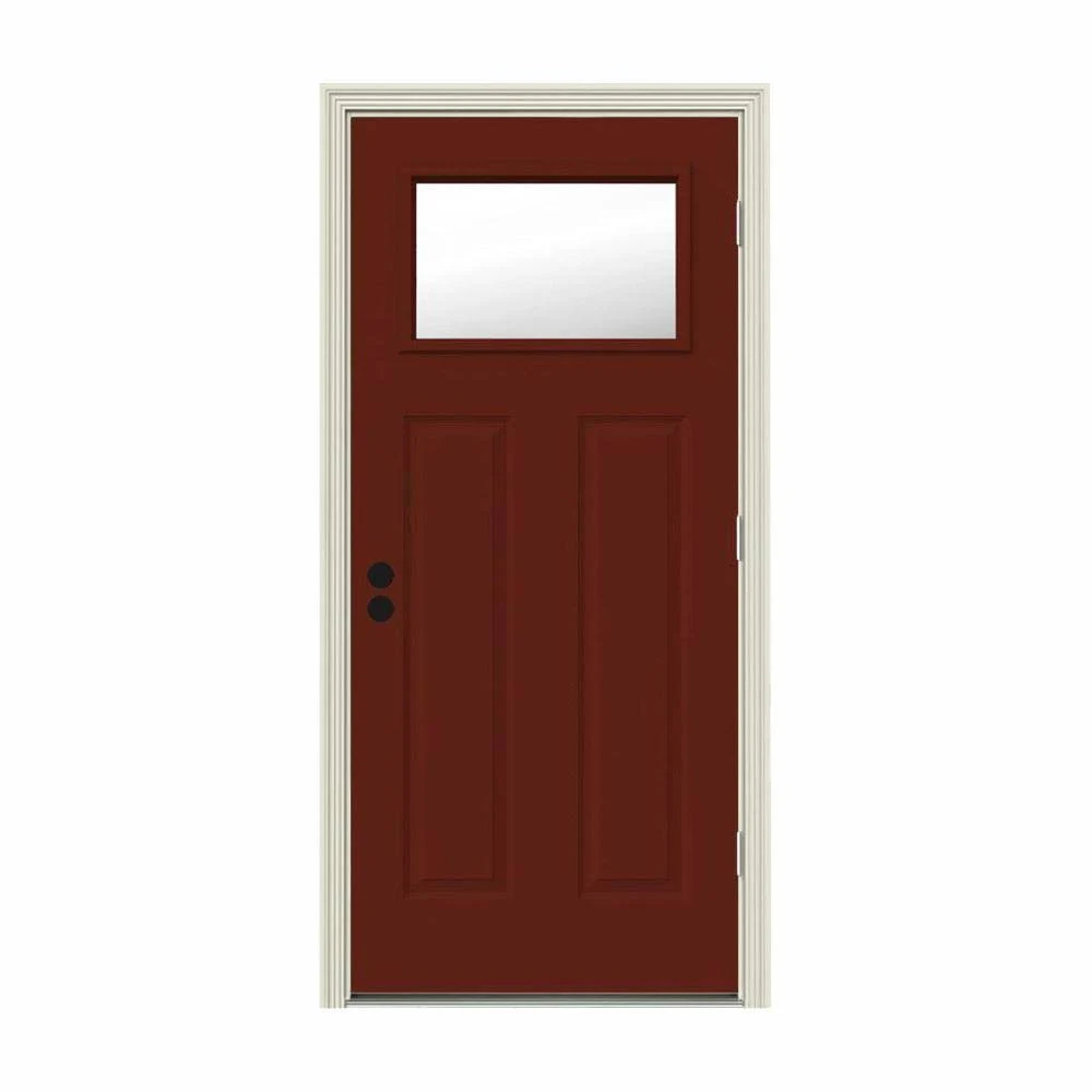JELD-WEN 30 in. x 80 in. 1 Lite Craftsman Mesa Red Painted Steel Prehung Left-Hand Outswing Front Door w/Brickmould