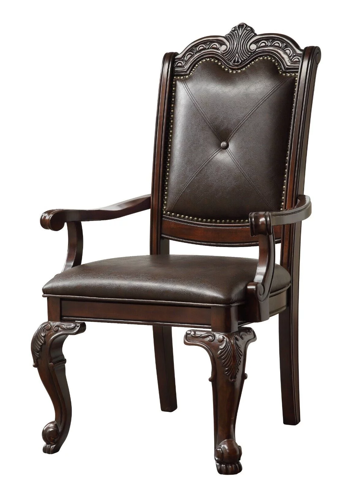 Traditional Vintage Style 4pc Dining Chairs Brown Fabric Upholstered Solid Wood Veneer Arm Chairs Wooden Furniture