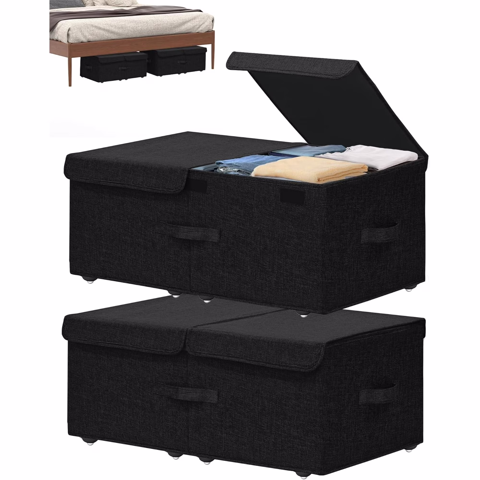 Under Bed Storage Container with Wheels, 2 Pack 10 High Deep Underbed Rolling Box Storage Bins Drawers with Lids for Bedroom, Dorms, Clothes, Shoes