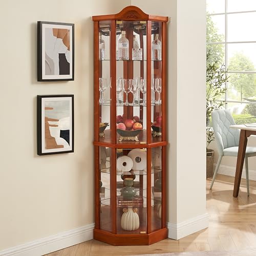 Lighted Wooden Corner Display Curio Cabinet, Curved Shelving Unit Lighted Corner Display with Adjustable Shelves＆Mirrored Back Panel