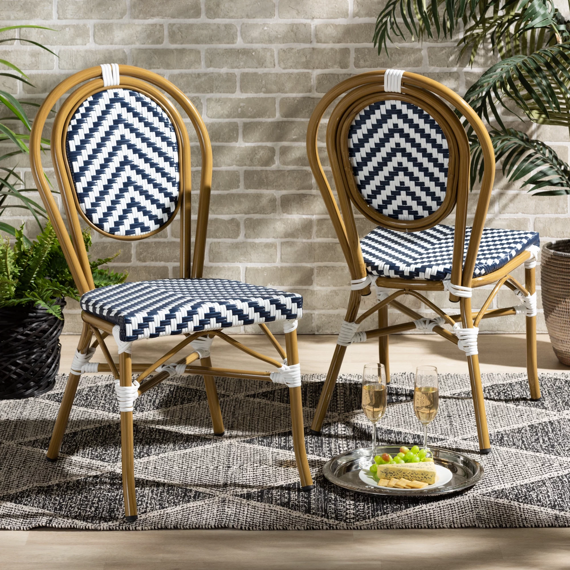Baxton Studio Alaire Indoor and Outdoor Dining Chair - Wicker - Set of 2 - Stacking - Blue and White - Radiant Selections