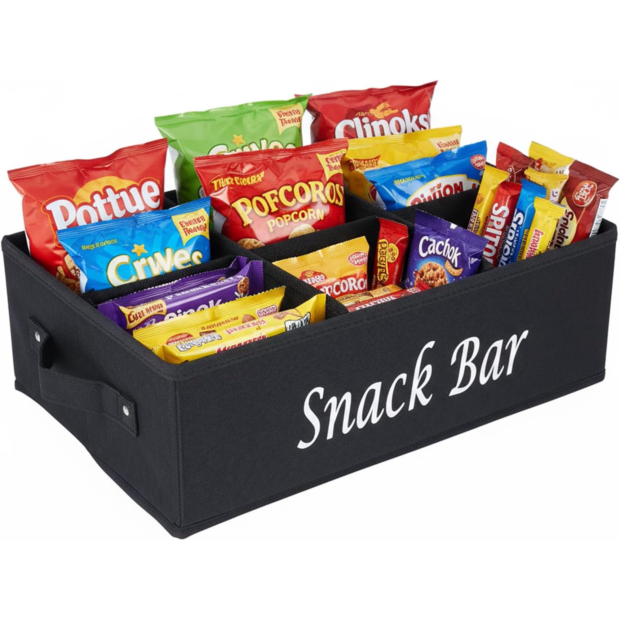 Snack Organizer for Countertop, Fabric Snack Organizer with Handles, 6 Compartment Snack Container Candy Storage, Foldable Snack Basket Tray