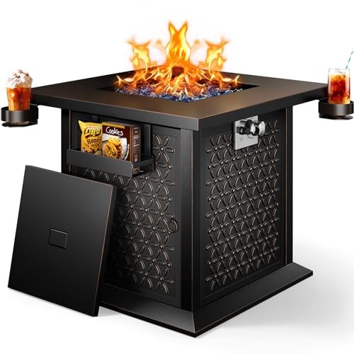 Ciays 28″ Fire Pit Table, Propane Fire Pit with Cup Holders & Hanging Shelf, 50,000 BTU Gas Fire Pit with Glass Stones & Nylon Dust Cover
