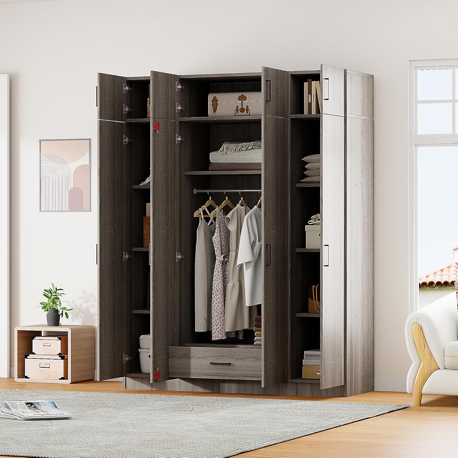 Modern Wardrobe with 4-Door and 1 Drawers, Wood High Cabinet Closet, 80.8" Tall Bedroom Armoires with Shelves