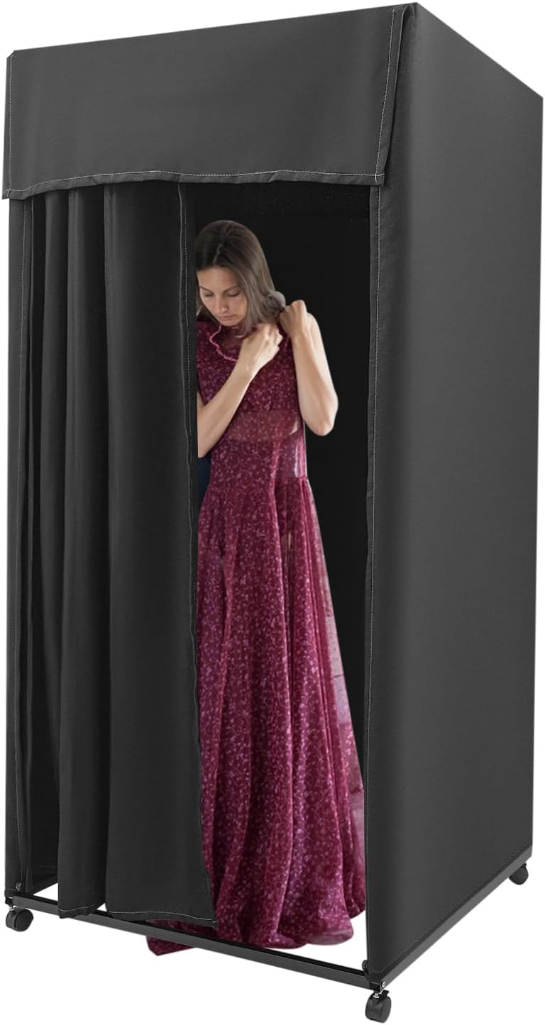 Fitting Room, Portable Dressing Room w/Shading Curtain&Vientiane Wheel&Hook Up, Movable Fitting Room for Beach, Campsites, Model Show, Shopping Mall