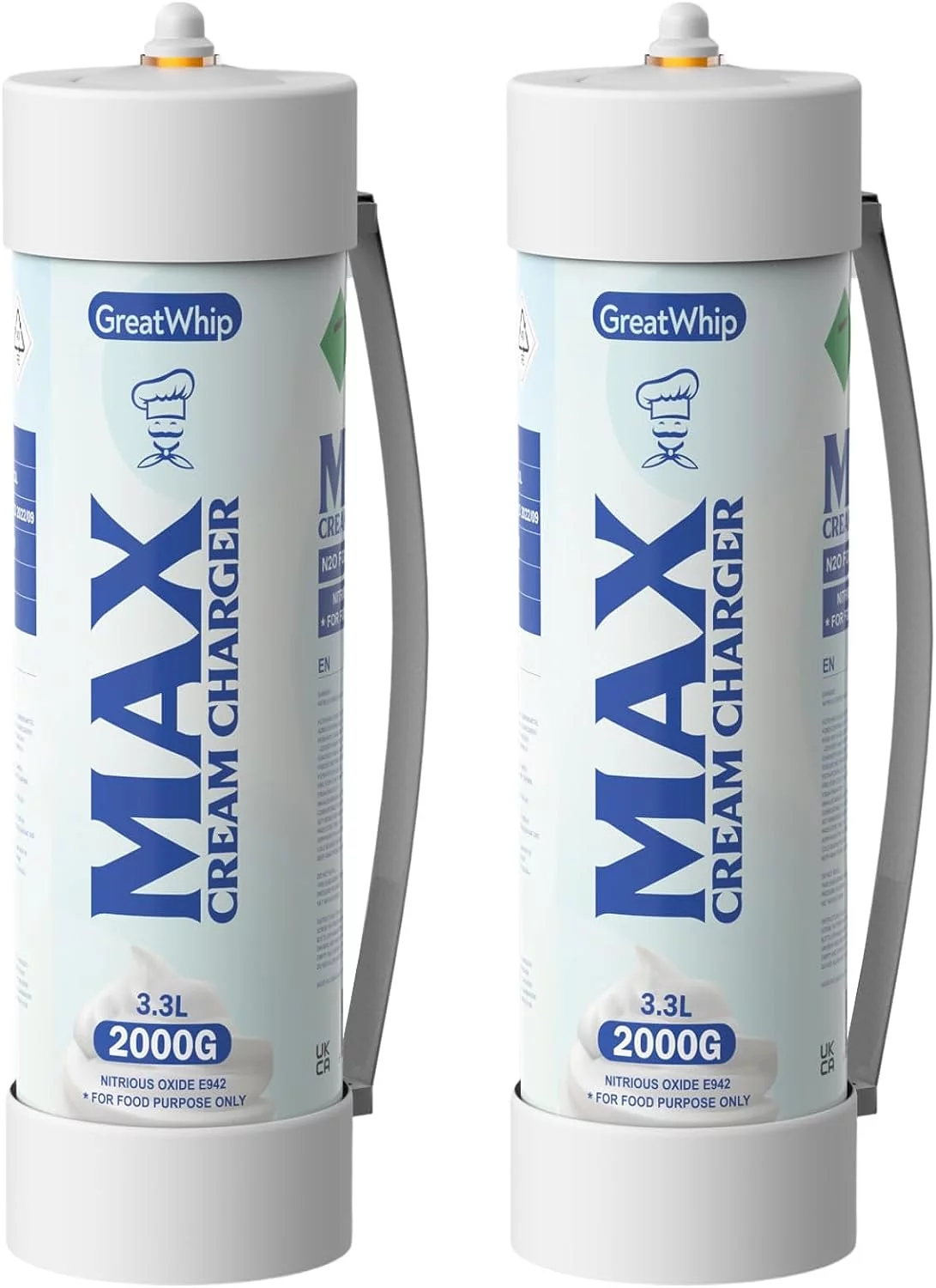 GreatWhip N2O Whipped Cream Chargers 3.3L/2000g Tank Whipped Cream Whippers(2 Cylinders)
