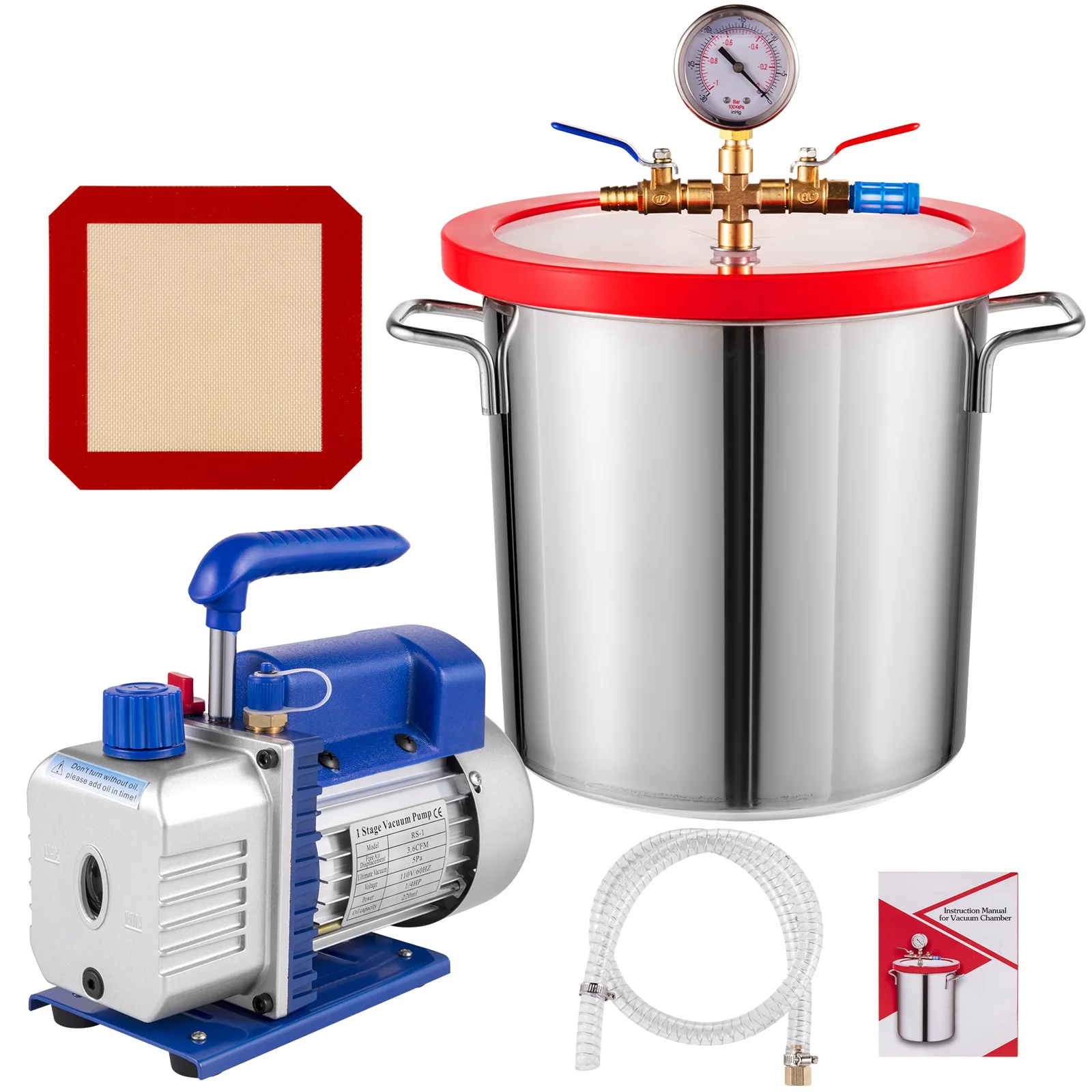 VEVOR Vacuum Pump 3.6CFM 1/4hp Dual Stages HVAC A/C Refrigeration Kit 5PA Ultimate Vacuum Manifold Gauge Set Including 3 gallons Vacuum Chamber