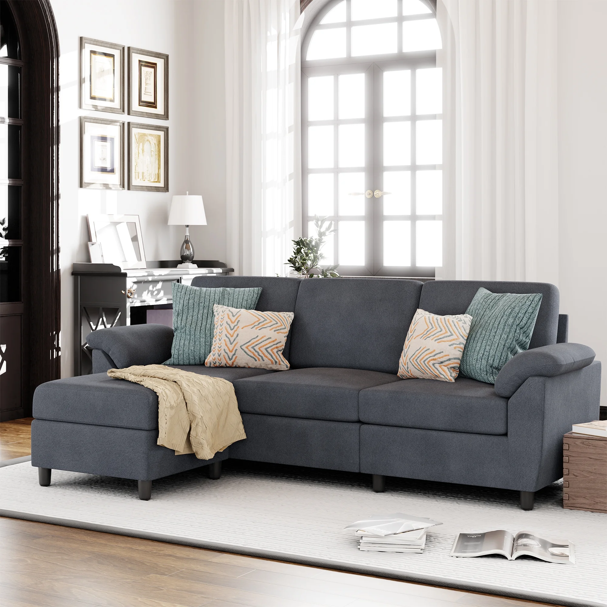 Walsunny 79 Convertible Sectional Sofa Couch,Linen Fabric L Shaped Sofa with Removable Pillows Dark Gray