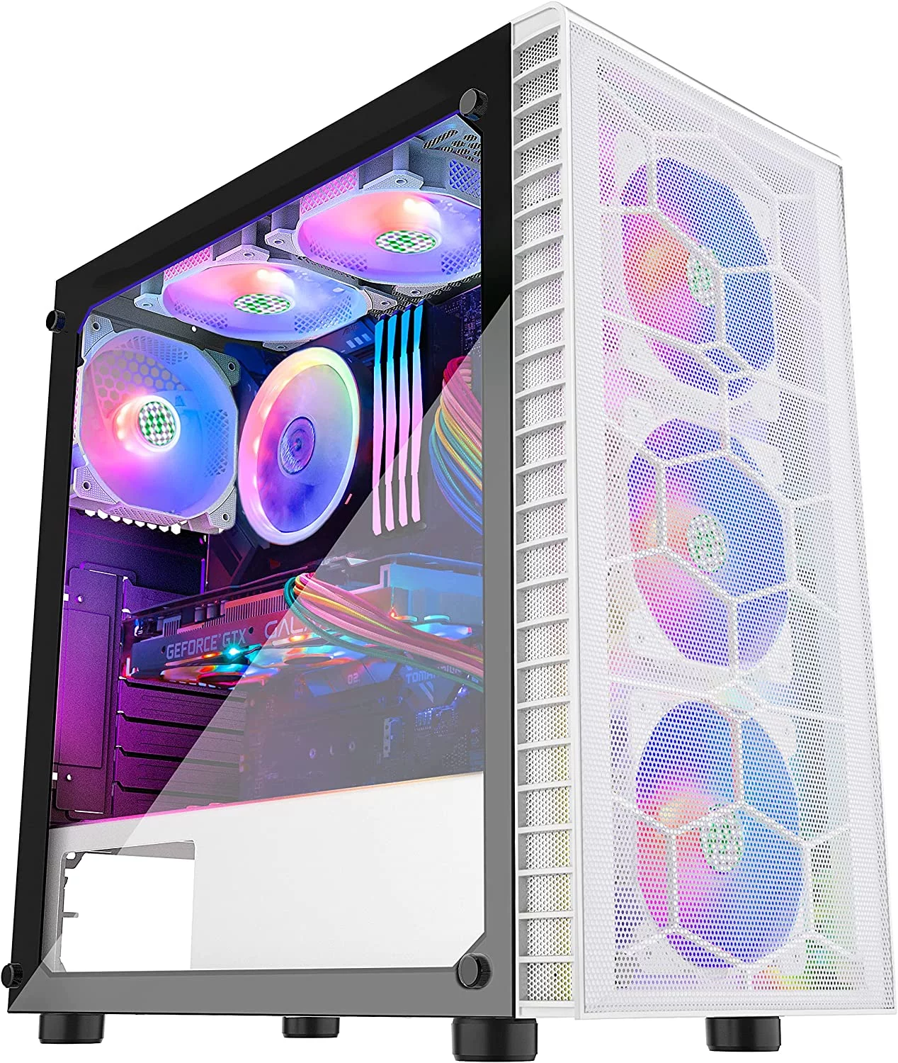 MUSETEX Mesh ATX PC Gaming Case with 6 PCS ARGB Fans USB 3.0 Port Mid-Tower Airflow Tempered Glass Computer Chassis for ATX / Micro-ATX / ITX