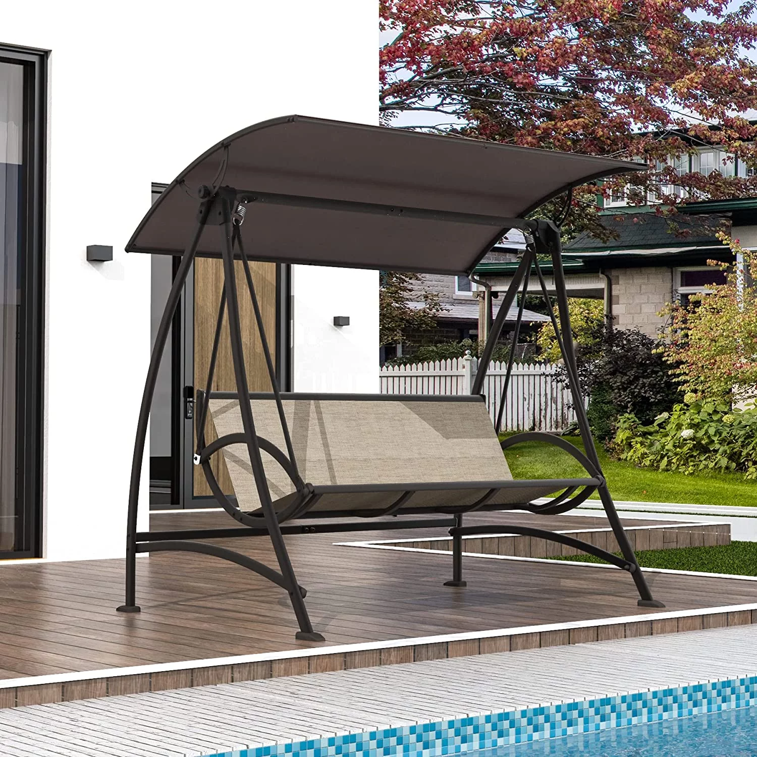 Domi Porch Patio Swing with Adjustable Canopy, 3-seat Swing with Stand, Outdoor Swings w/Armrests, Weather Resistant Steel Frame and Textilene Fabric