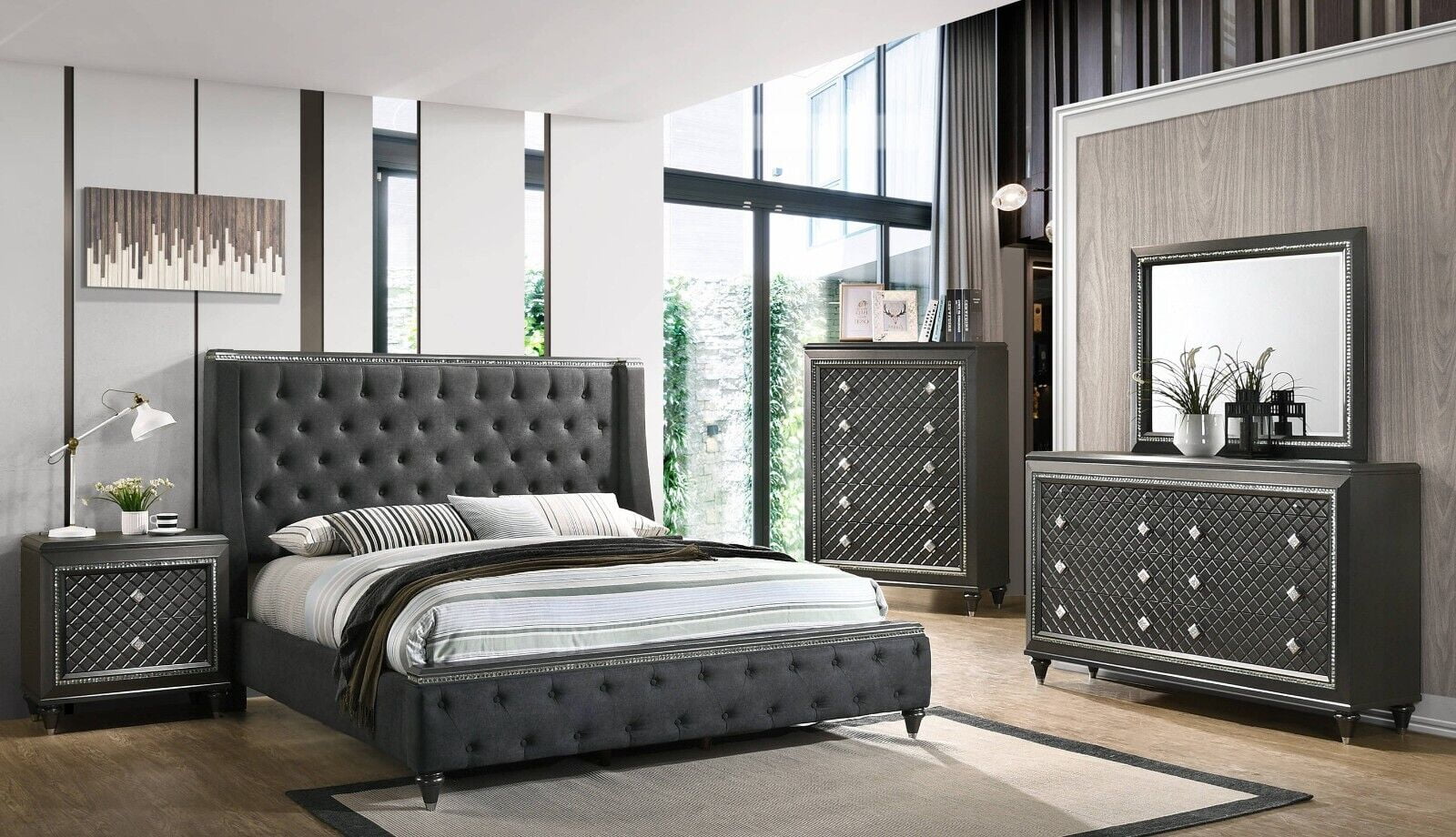 Modern Glam Style 5pc Queen Size Bedroom Set Grey Upholstered Panel Bed Dresser Mirror Nightstand Bedroom Furniture