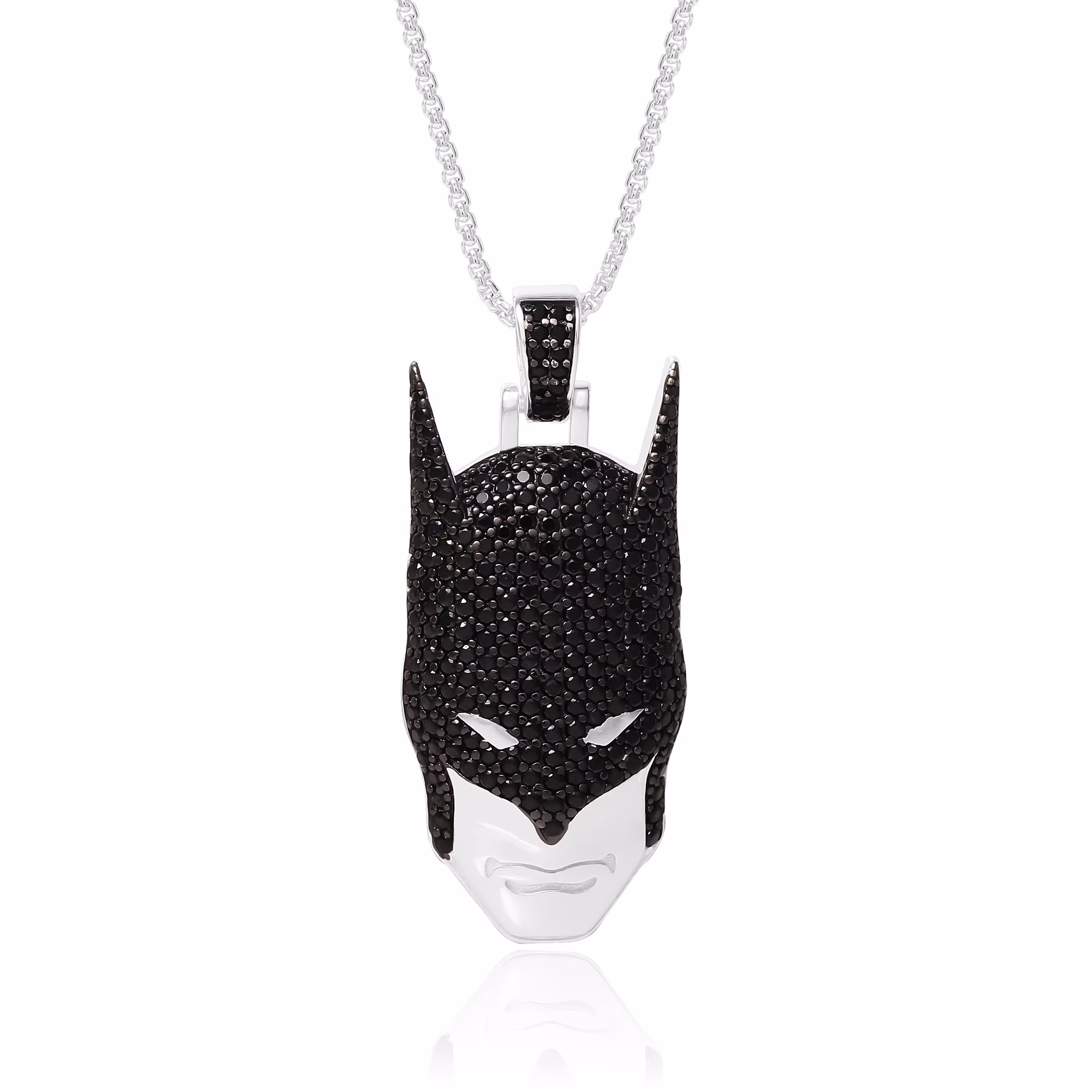 Justice League Mens Batman Pendant Necklace, Sterling Silver and Black CZ, 24"