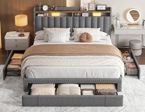 EnHomee Full Bed Frame with 3 Drawers,Queen Size Bed Frame with 2-Tier Storage Headboard, Upholstered Platform Bed Frame Queen Size with Storage