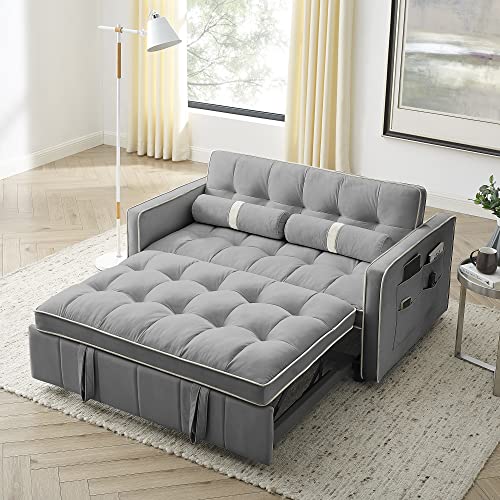 Velvet Sleeper Sofa 54" Convertible Sofa Recliner Bed 3-in-1, 3-Position Adjustable Backrest, Two Side Pockets, 2 Pillows for Living Room, Apartment
