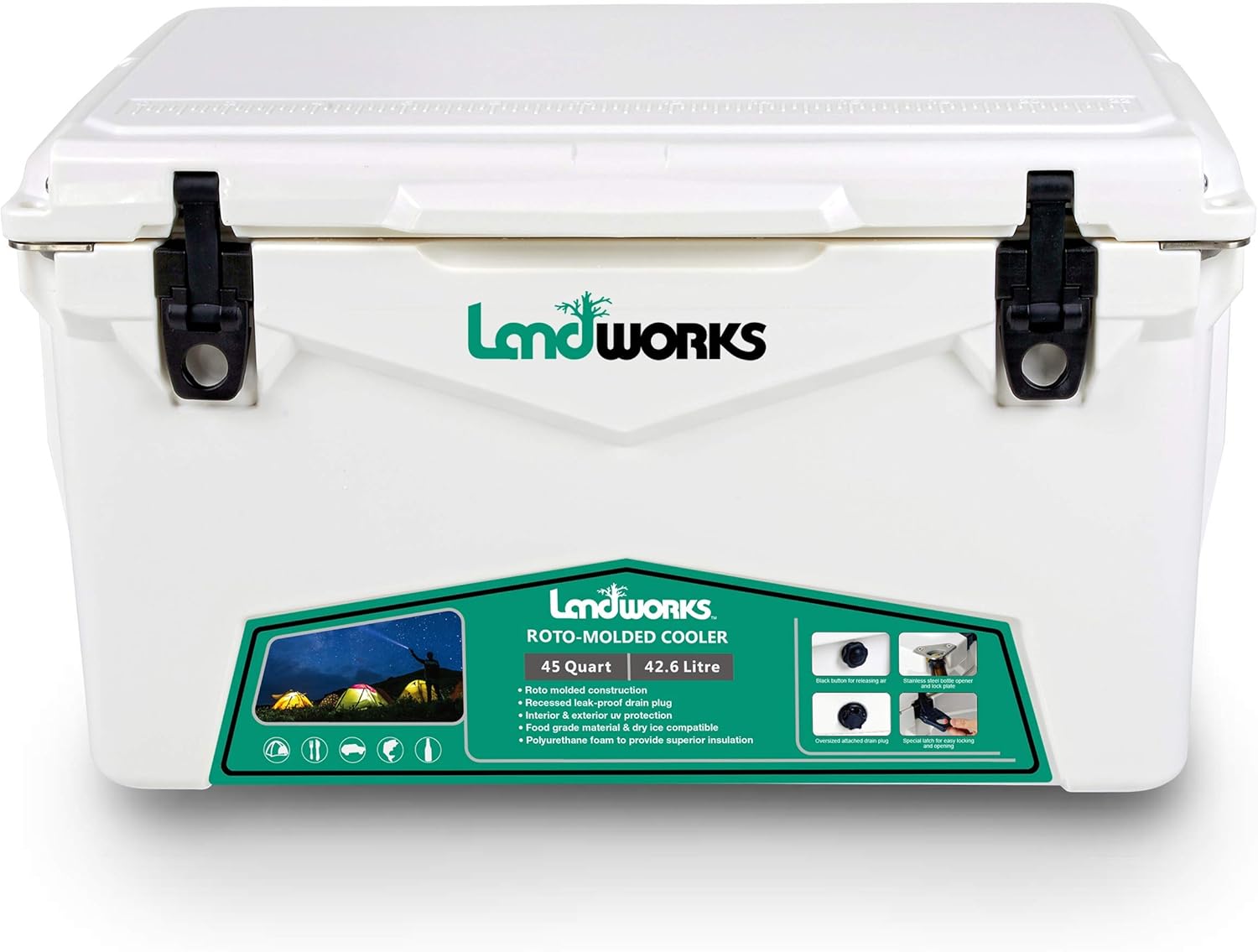Landworks Rotomolded Ice Cooler 45QT Up to 5 Day Ice Retention Commercial Grade Food Safe Dry Ice Compatible UV Protection 15mm Gasket Bottle Openers