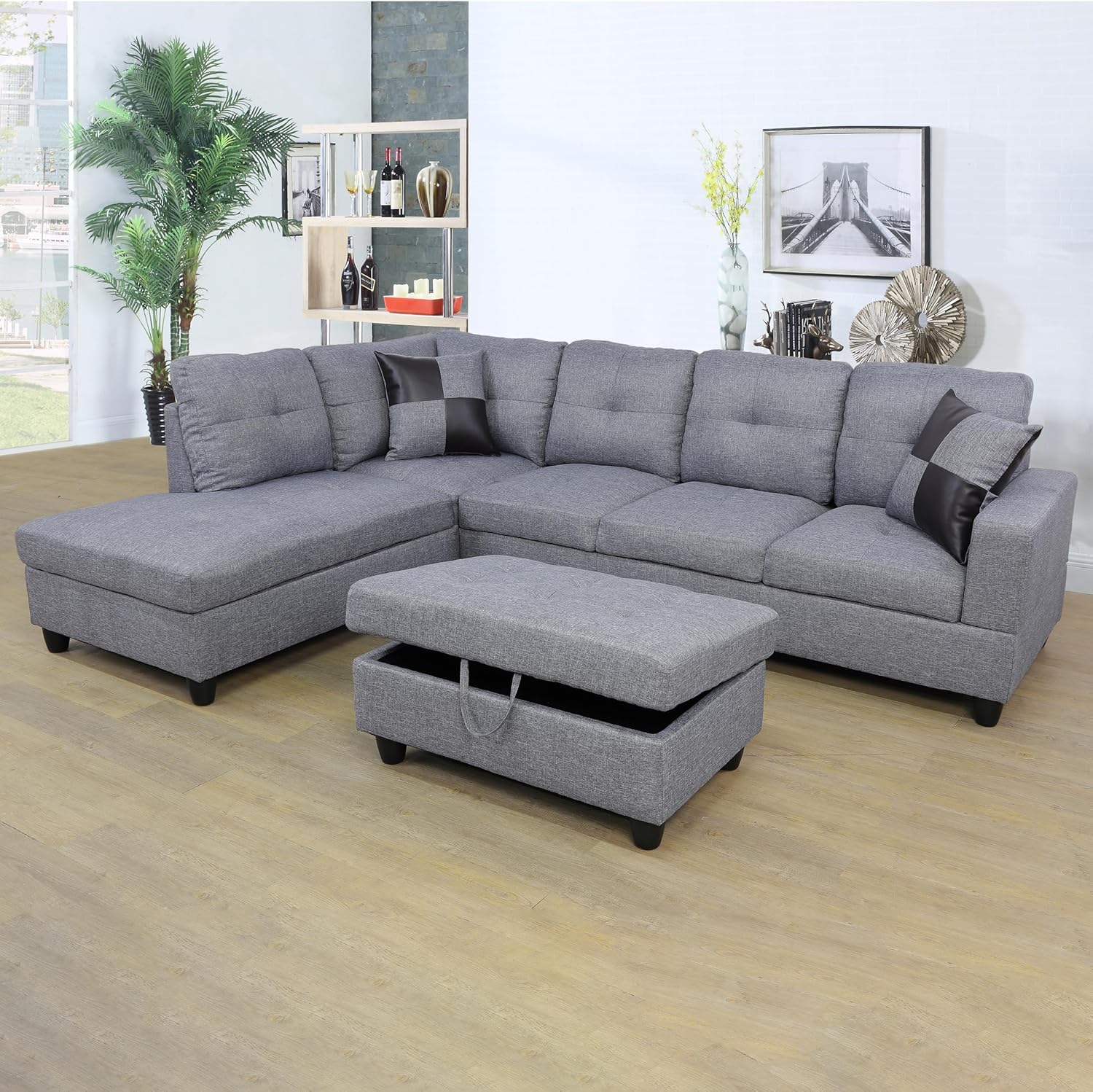 103" L-Shaped Sectional Sofa with Left Chaise Lounge, Storage Ottoman and 2 Throw Pillows