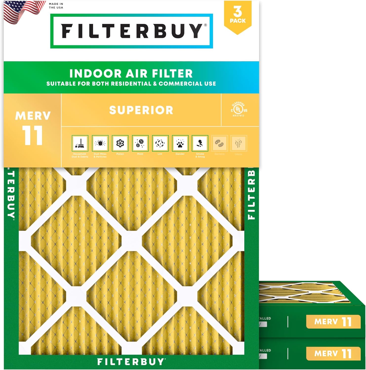 Filterbuy 30x36x2 Air Filter MERV 11 Allergen Defense (3-Pack)
