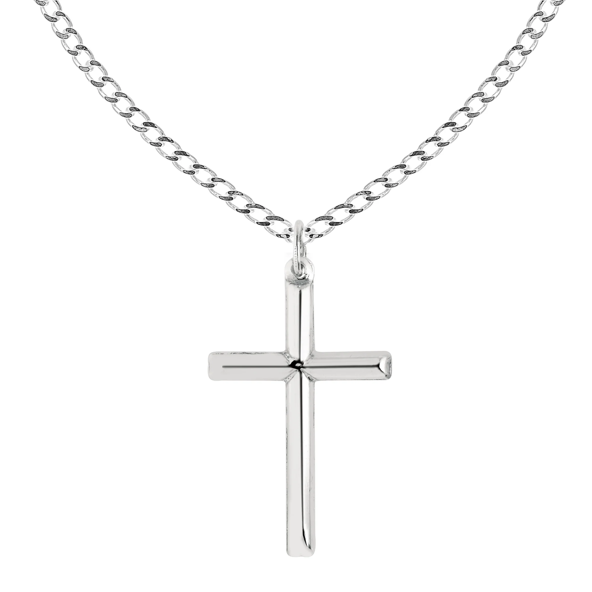 Men's Sterling Silver Large Tubular Cross Charm Necklace 24 Inches