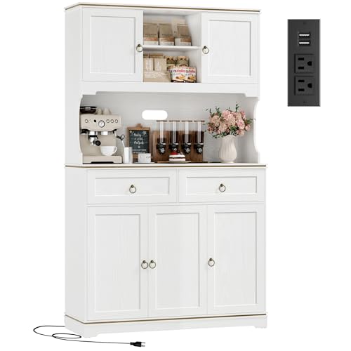 HOSTACK Large Kitchen Pantry Cabinet with Charging Station, 71" Kitchen Hutch Cabinet with Storage Drawers and Countertop