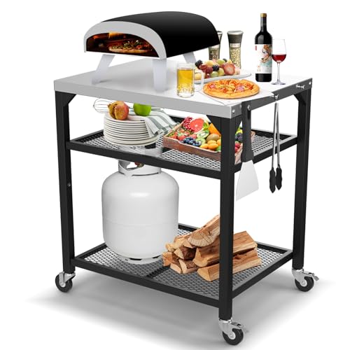 Outdoor Grill Table Cart Ninja Woodfire Outdoor Grill(OG700 Series),2024 Upgraded Thicken Double-Shelf Movable Pizza Oven Table