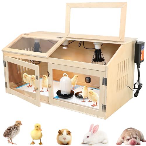 Large Chicken Brooder Box for Chick, Extra Wide 32" Wooden Chick Brooder Box with Intelligent Thermostat, Heating Lamps