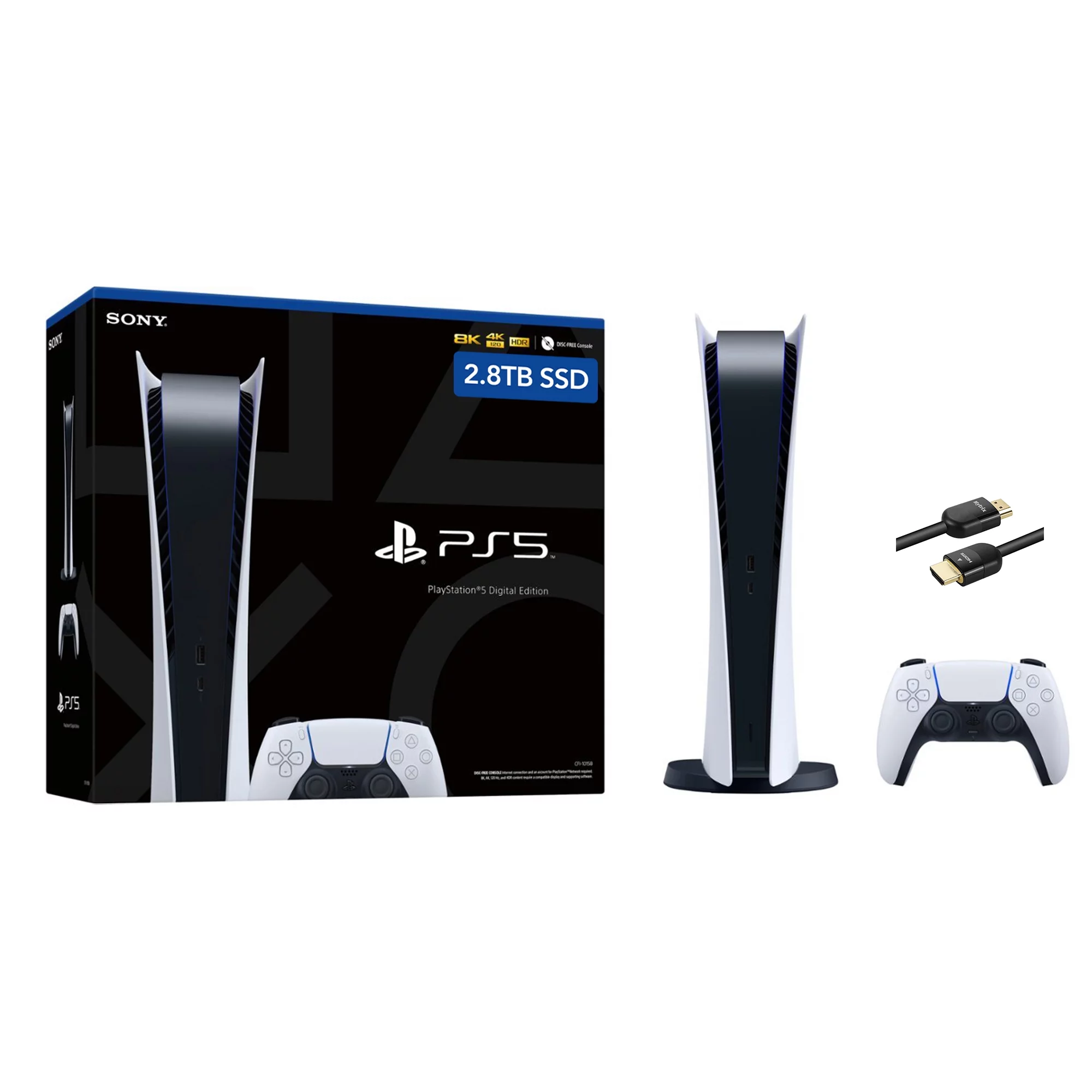 PlayStation 5 Upgraded 2.8TB Digital Edition and Mytrix 8K HDMI Ultra High Speed Cable - White, PS5 Gaming Console - Curated Treasures Market