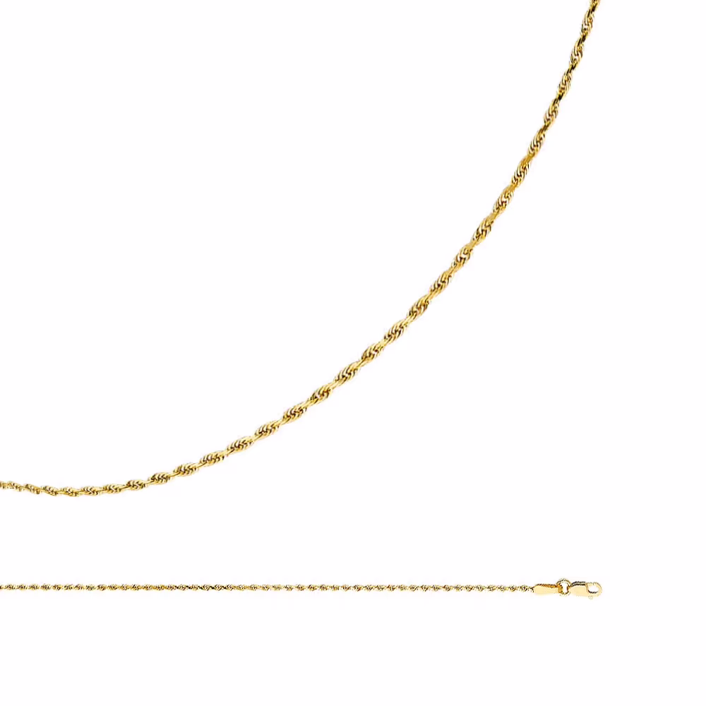 Solid 14k Yellow Gold Necklace Rope Chain Diamond Cut Twisted Polished Finish Thin 1 mm 16 inch