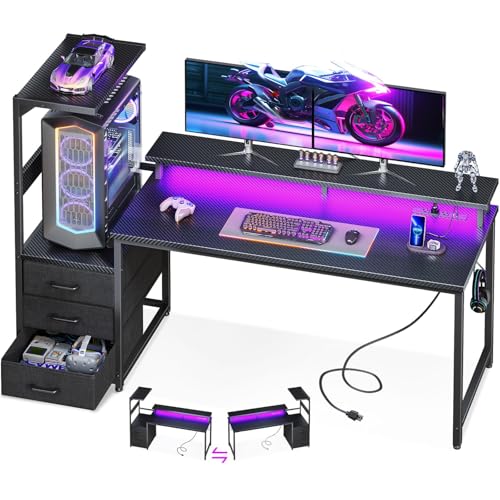 AODK 59 Inch Gaming Desk with USB Charging Ports & LED Light- Reversible Computer Desk with Storage Shelves & Monitor Stand