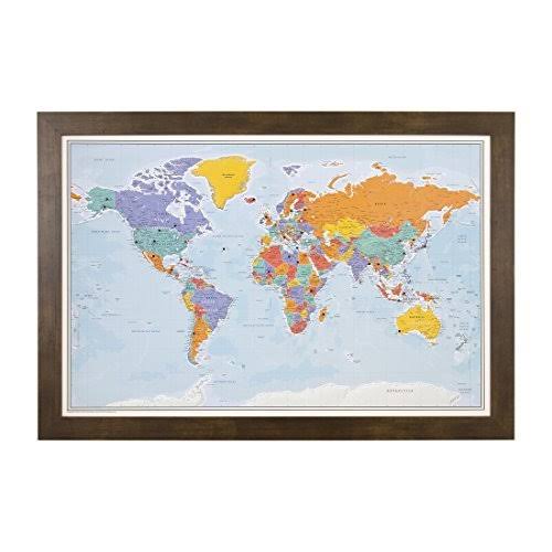 Push Pin World Travel Map with Rustic Brown Frame and Pins - Blue Oceans - 27.5