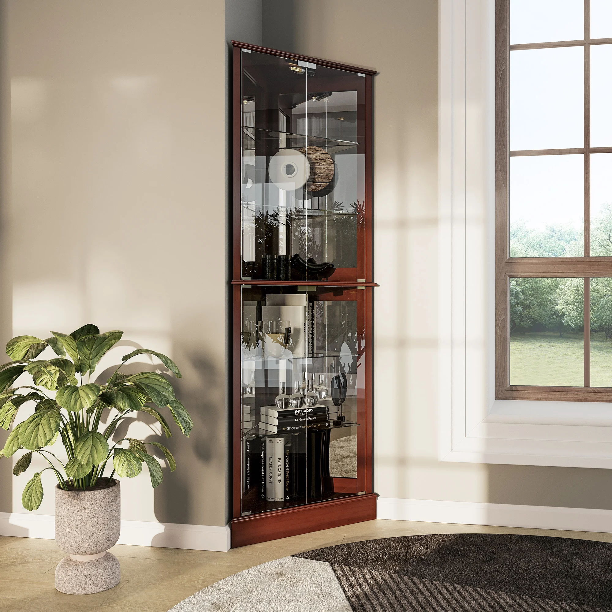 BELLEZE Woody Lighted Corner Curio Cabinet Tempered Glass Door 6 Shelves, Walnut