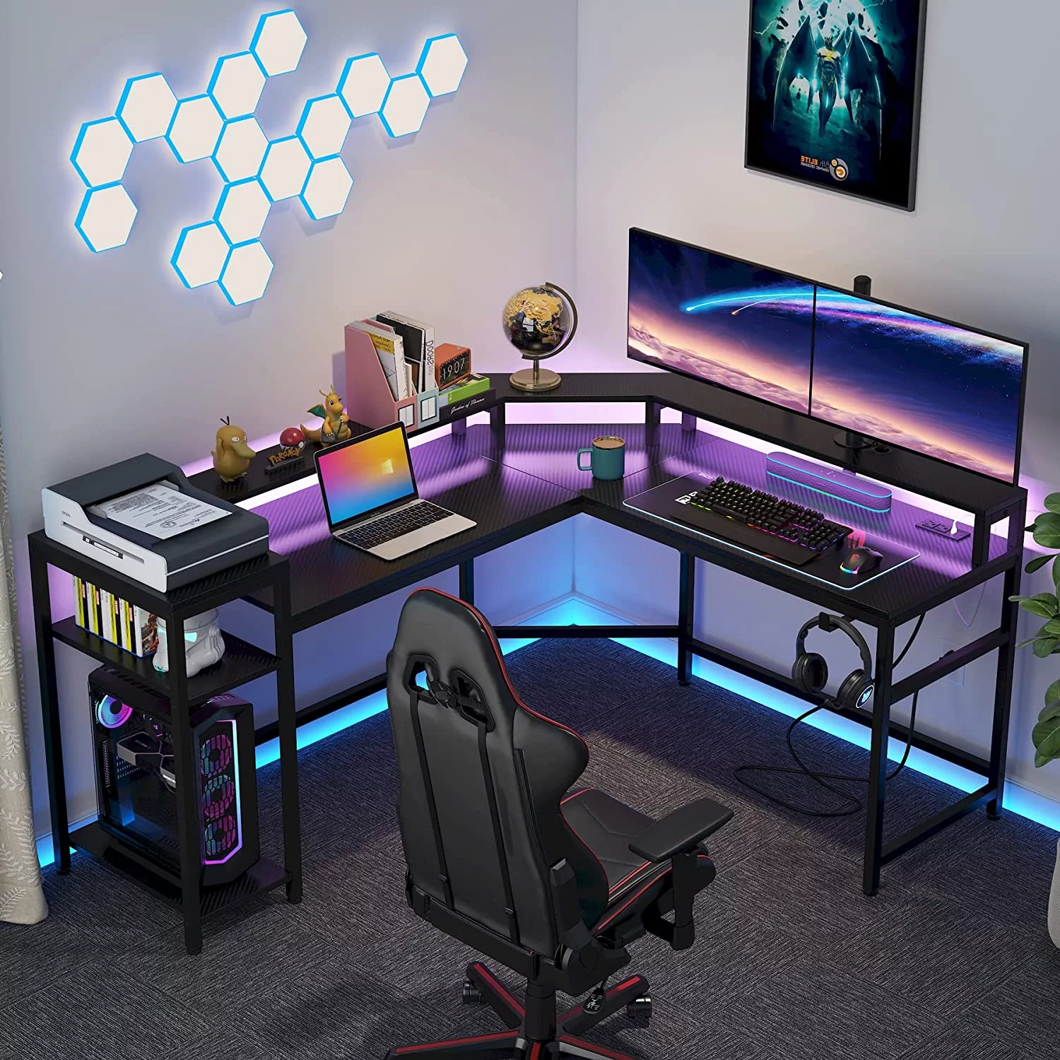 Tribesigns L-Shaped Gaming Desk with LED Strips, Power Outlets & Monitor Stand, Black
