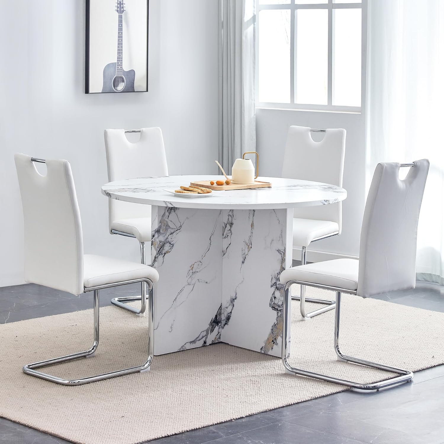 4-6 5-Piece Round Faux Marble Dining Set, 47" Modern Small Kitchen Table and 4 Upholstered Chairs with Metal Legs for Breakfast Nook Living Room