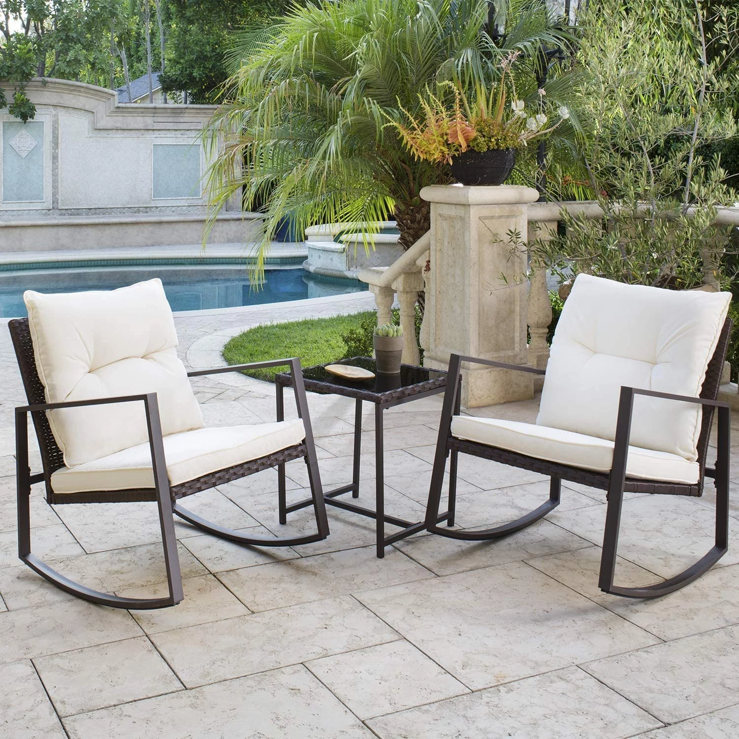 SOLAURA 3-Piece Outdoor Furniture Rocking Chairs Set, Brown Wicker Patio Rocking Chair with Beige Soft Cushions & Glass Coffee Table for Patio