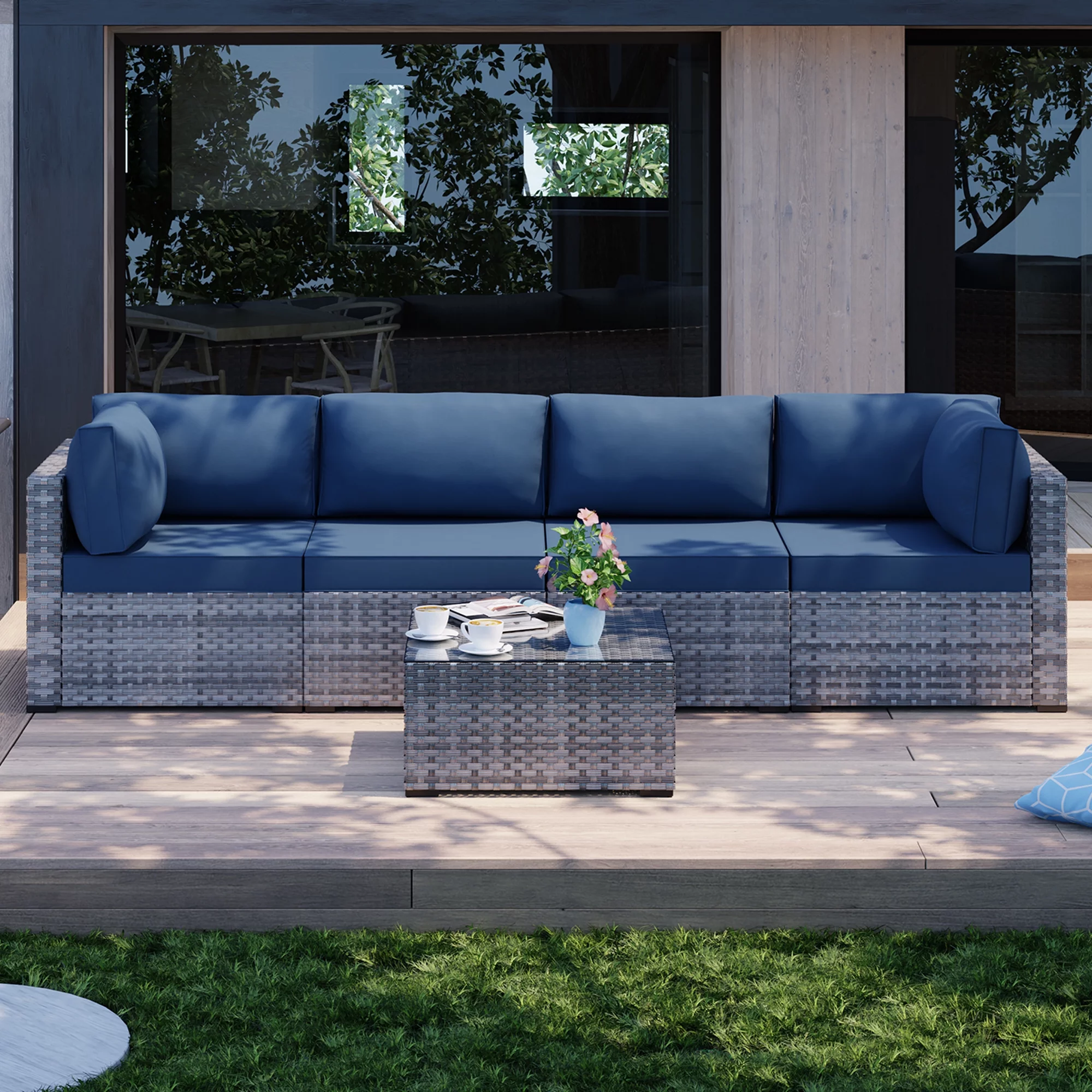 5 Pieces Patio Furniture Sets, Wicker Outdoor Sectional Furniture with Glass Table and Cushions, Rattan Patio Conversation Sets(Aegean Blue)